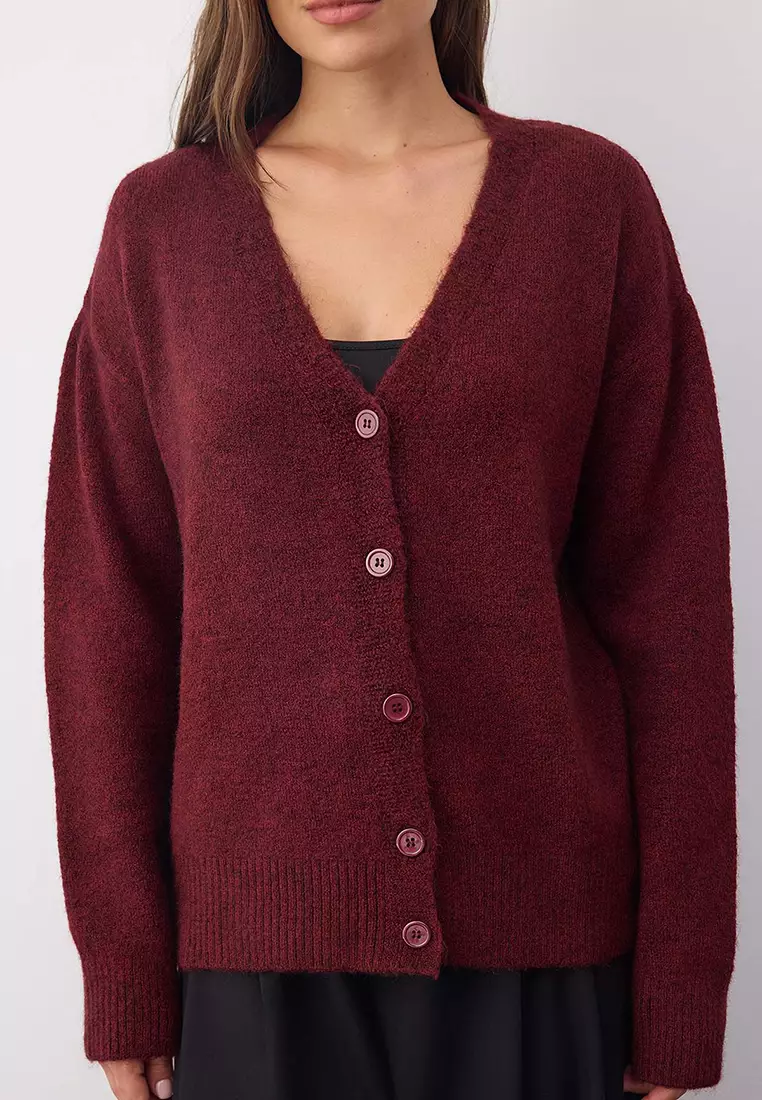 Wardrobe Essentials Burgundy Wool Wide-Cut V-Neck Knit Cardigan | Twoaw26Hi00083