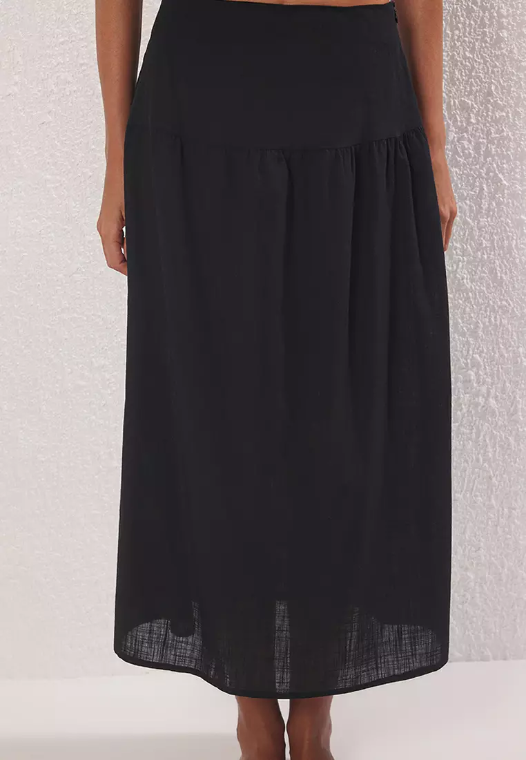 Black Woven Flared Cotton Beach Blouse Skirt Suit Tbess25Au00073