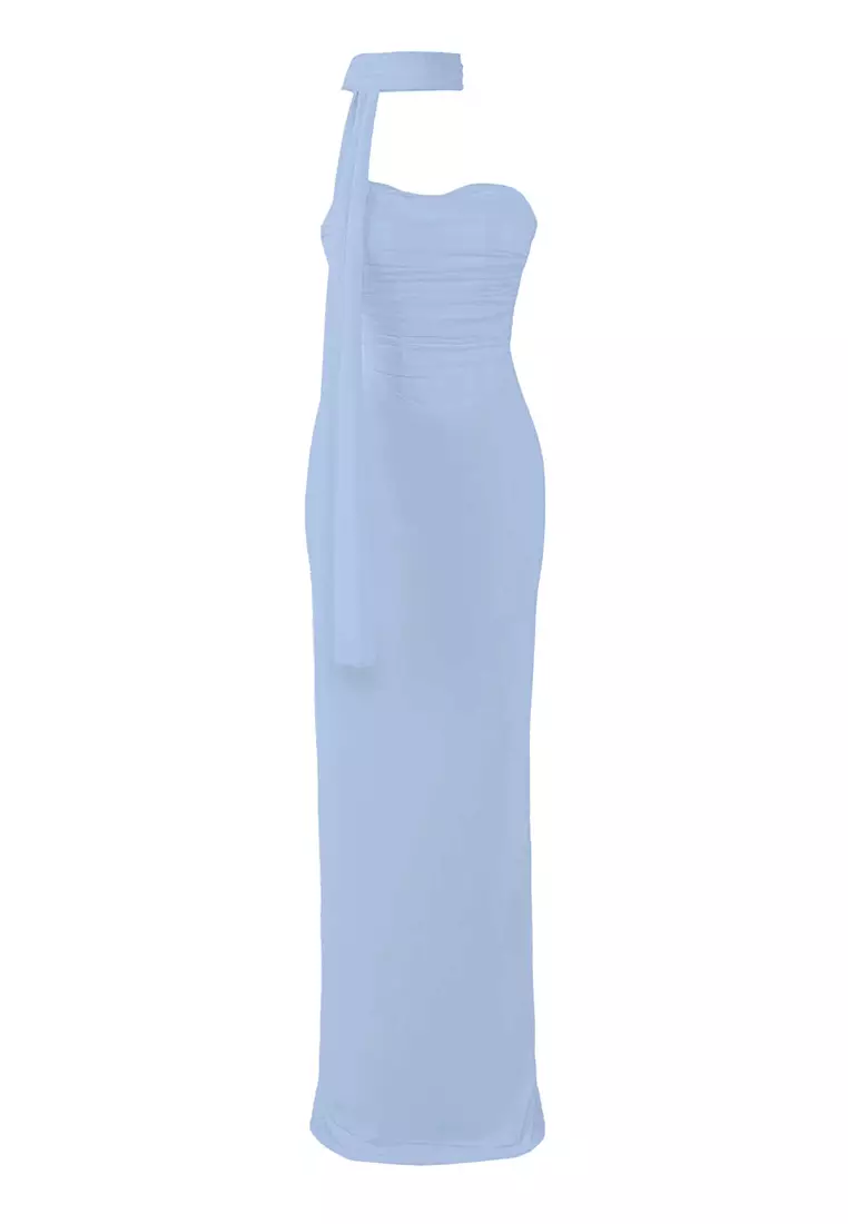 Light Blue Tulle Knitted Maxi Evening Dress With Scarf Evening Homecoming Dress