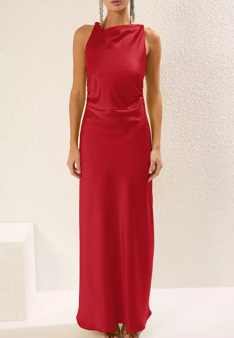 Red Bodycon Satin Woven Maxi Evening Prom Dress TPRSS25AE00066