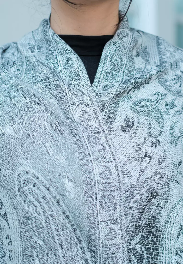 Aksesoris Wanita Reversible Viscose Full Paisley Pattern Pashmina Shawl Syal Wanita Misty Silver