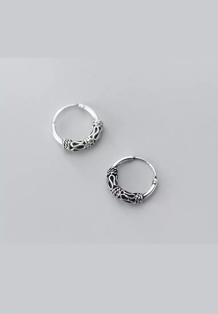 925 Marcasite Silver Vintage Pattern Hoop Earrings JW AR-E6165