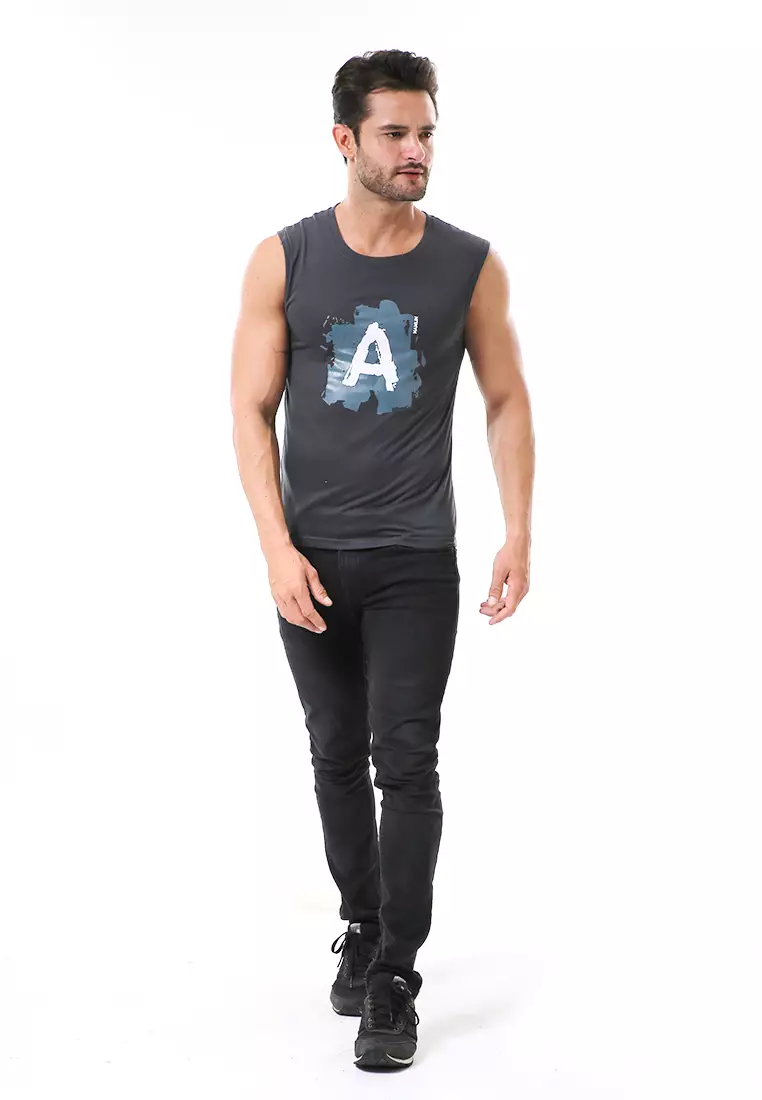 Bobby Atasan Kasual Pria Singlet Motif Huruf A Atasan Tanpa Lengan Material Cotton ORIGINAL - Dark Gray