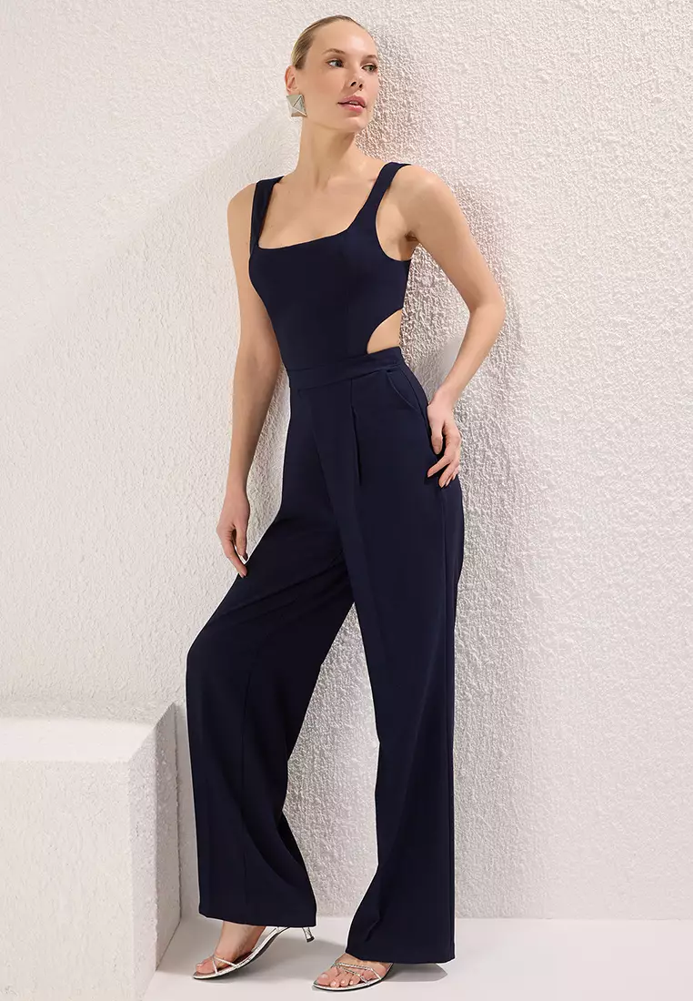 Navy Blue Wide Leg Back Detailed Long Woven Jumpsuit