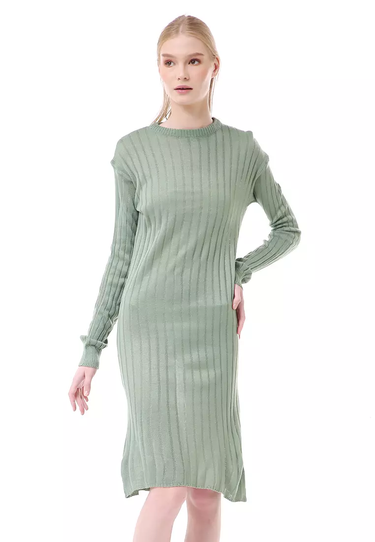 Adela Dress Rajut Tunik Wanita Motif Polos Long Sleeve Relaxed Fit - Mint