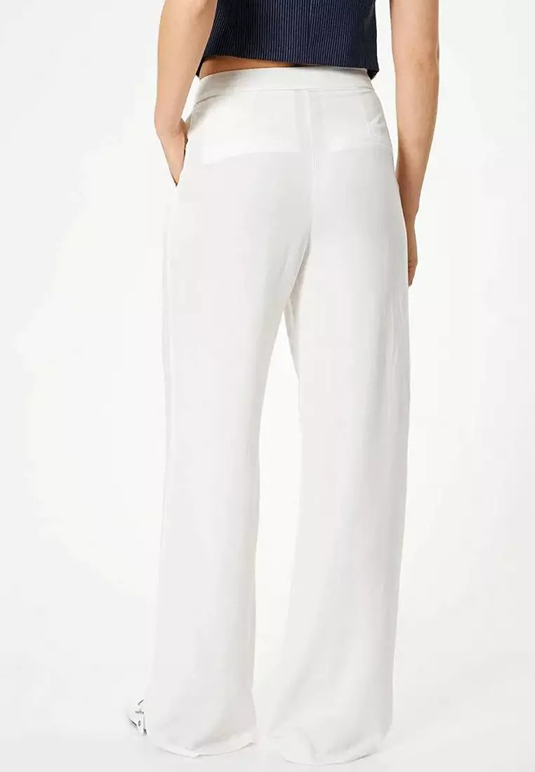 Linen Blend Trousers With Wide Leg Pockets