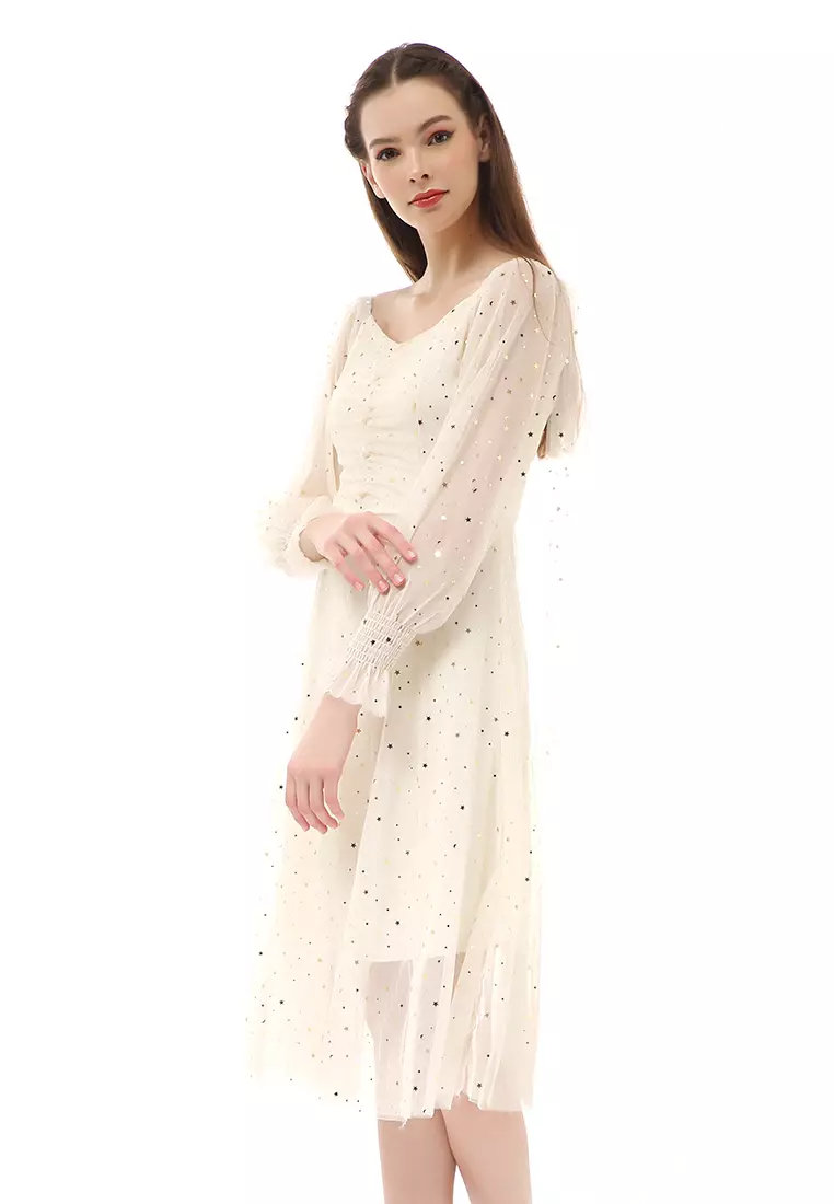 Rachel Dress Fashion Wanita Lengan Panjang Stylish Design Material Brukat ORIGINAL - Cream