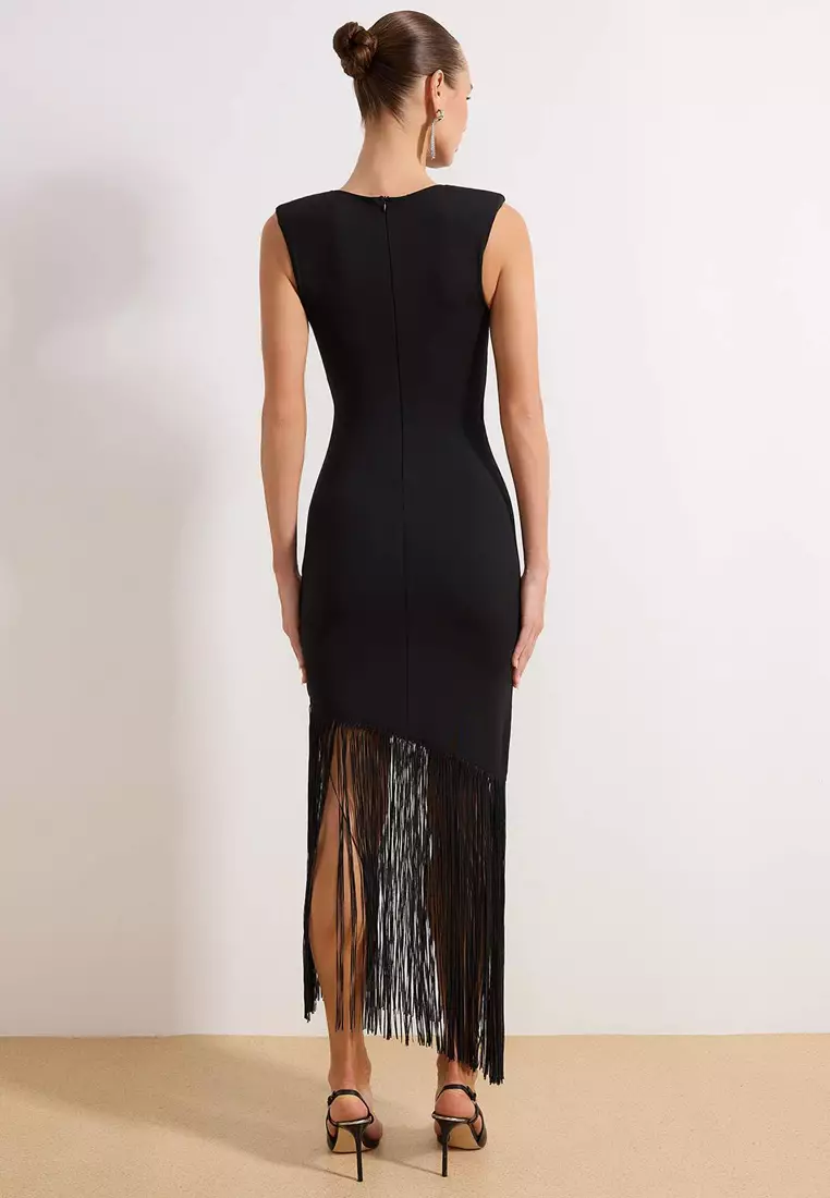 Black Tassel Detailed Knitted Stylish/Evening Dress Tprss26El8