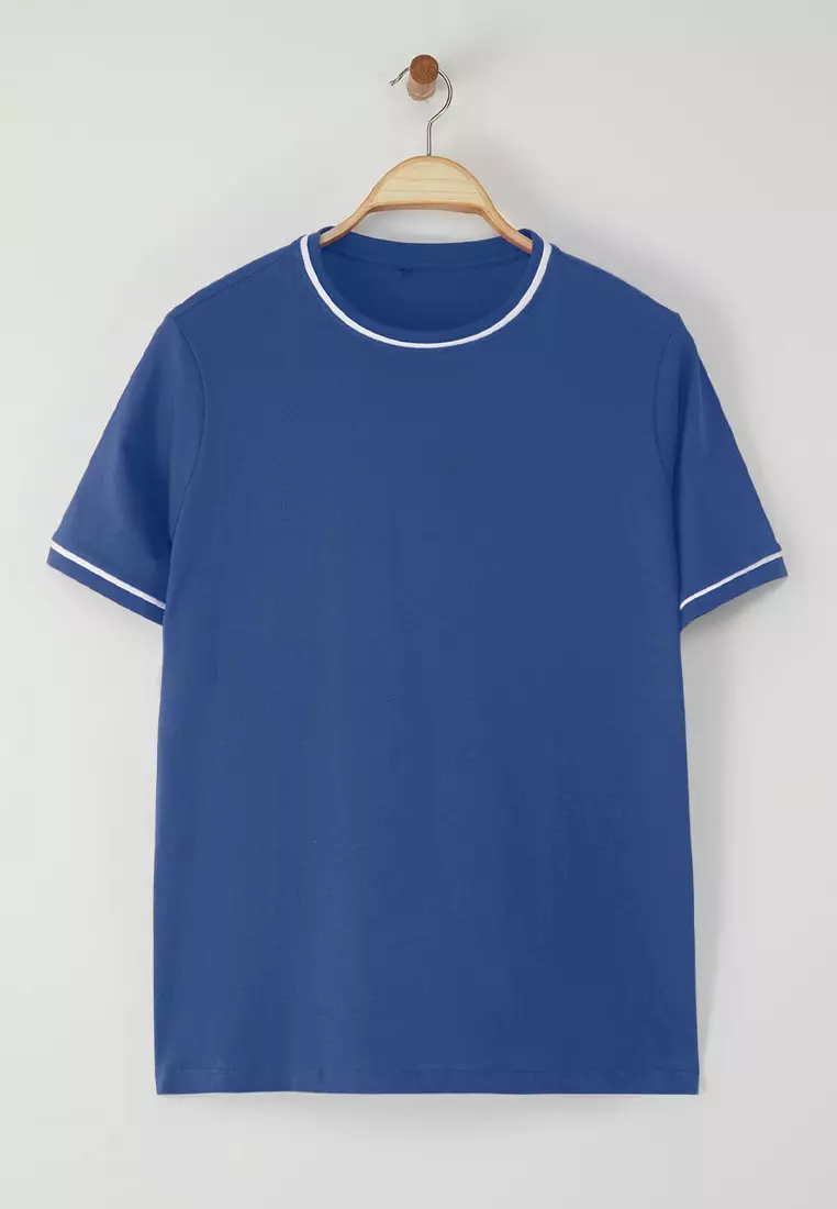 Indigo Crew Neck with Piping Detail Basic Plus Size T-shirt TBBSS25BF00050