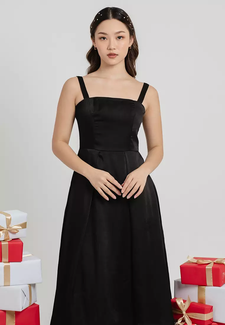 Wide Strap Flare Midi Dress in Black