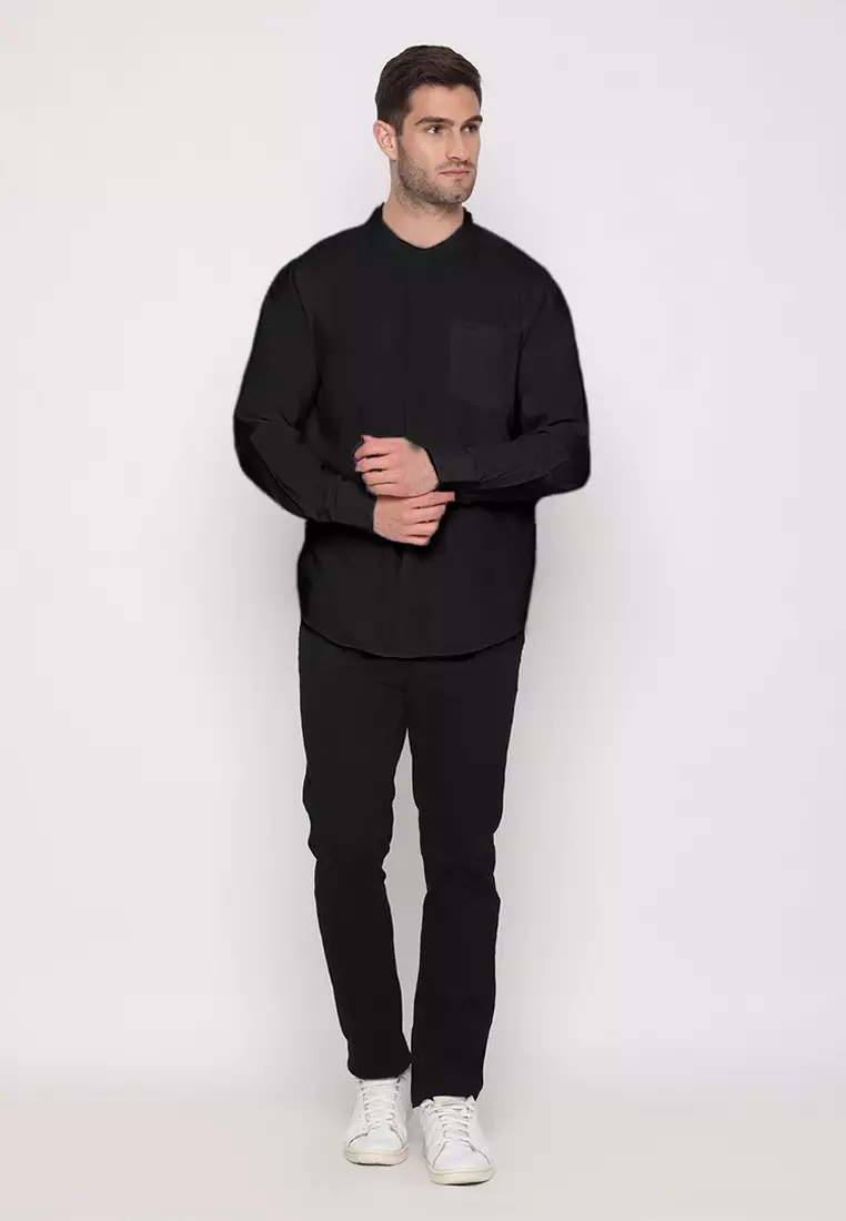 POLICE Kemeja Koko Polos Cotton Soft Black Regular Fit Lengan Panjang Pria