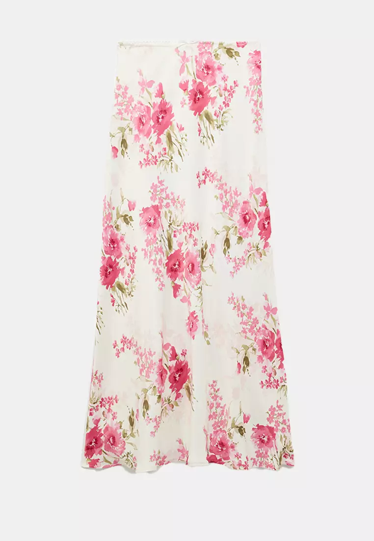 Viscose Fabric Midi Length Floral Satin Flared Skirt