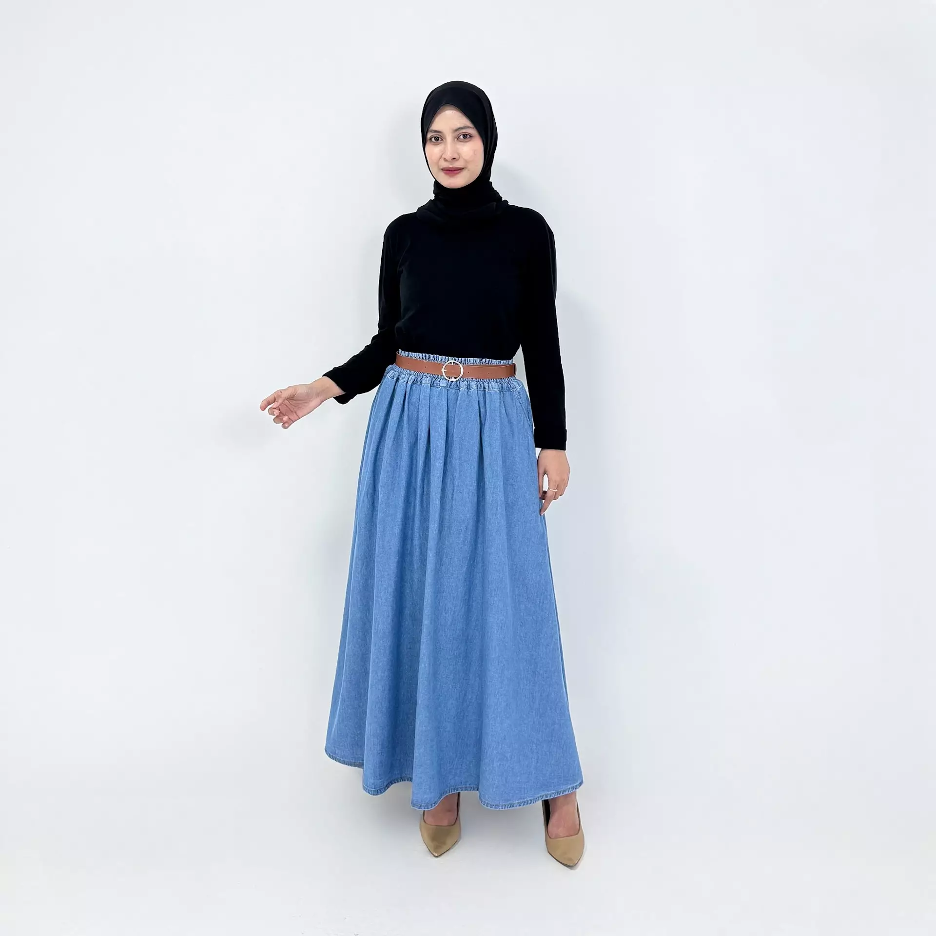 Rok Panjang Jeans Wanita - Audrey Maxi Skirt FREE BELT