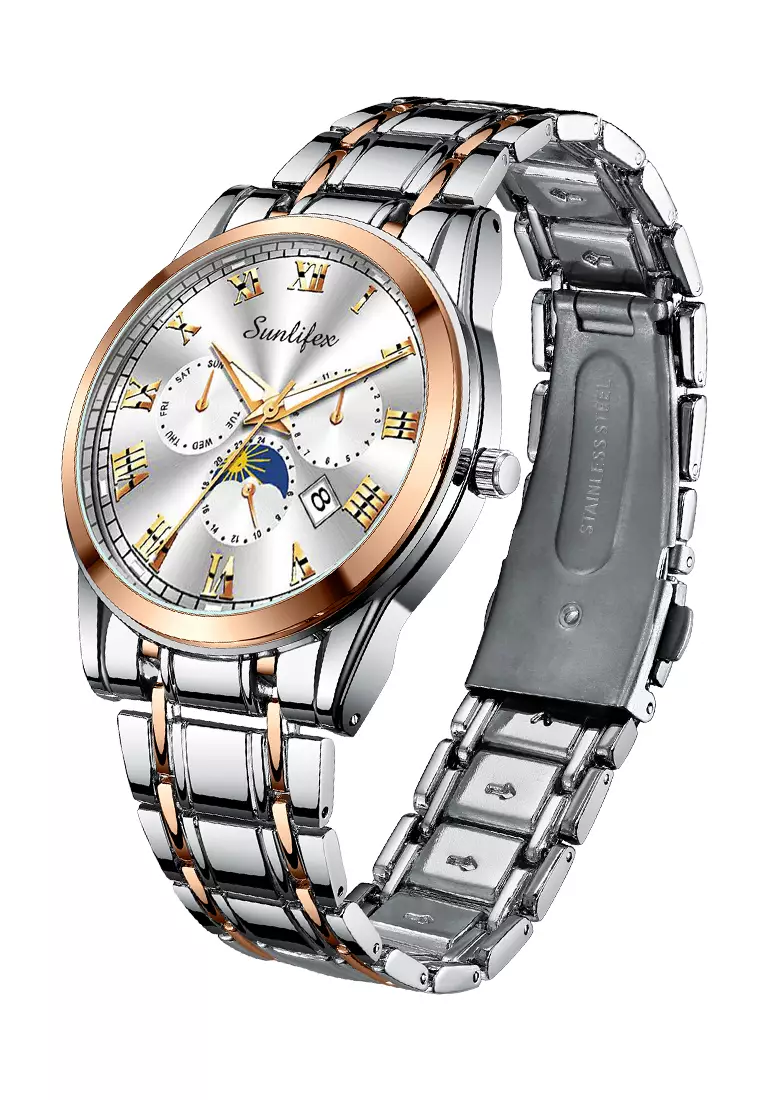 Jam Tangan Pria Tali Stainless Steel Anti Air Kuarsa Santai Mode Jam Tangan Cowok rose white