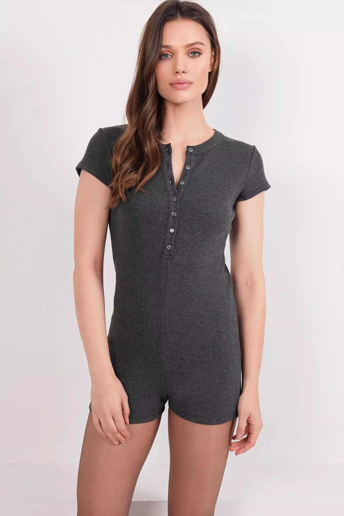 Anthracite Crew Neck Ribbed Short Sleeve Jumpsuit Romper Pjm-X13914