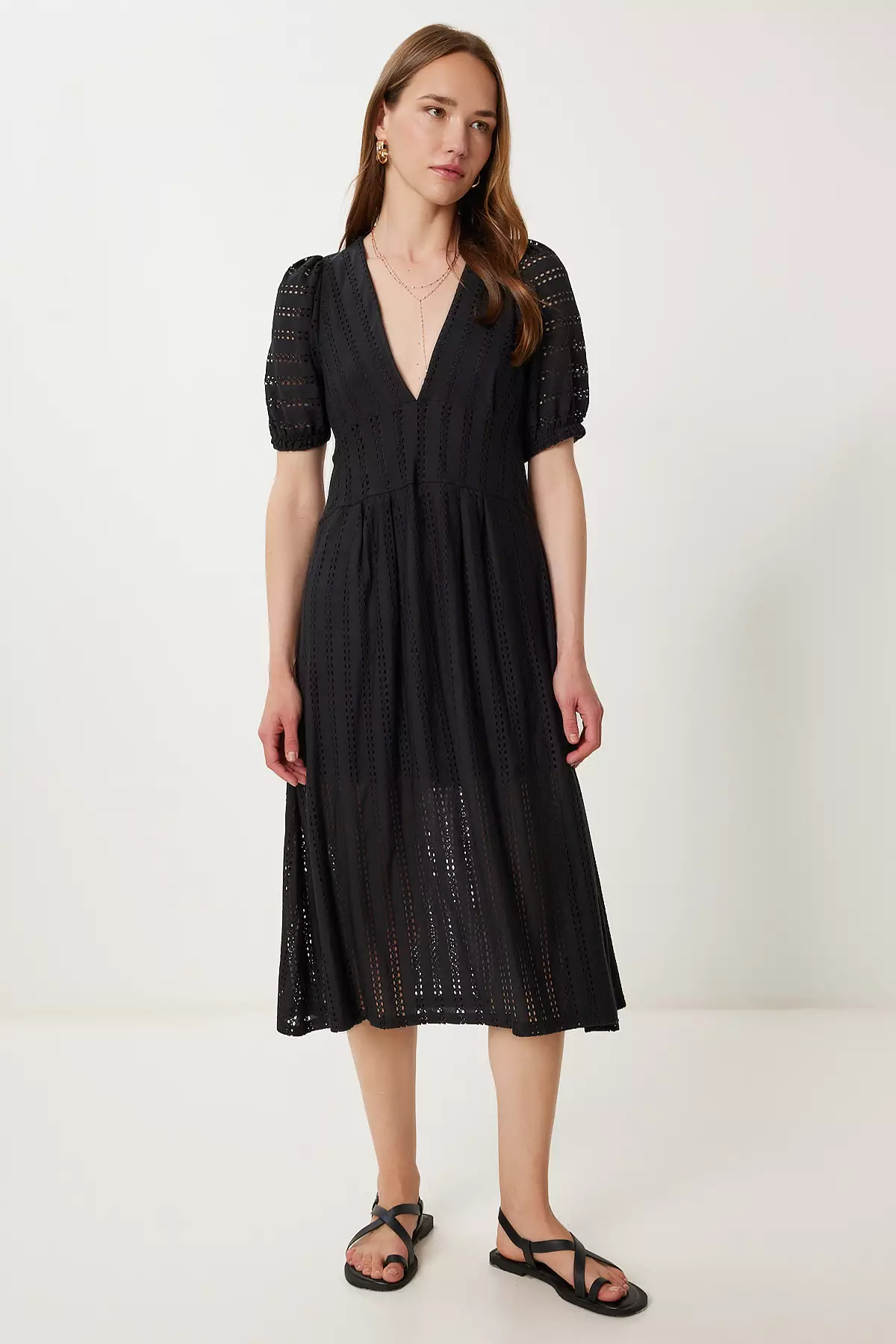 Women's Black Openwork Summer Midi Knitted Dress Tp00050