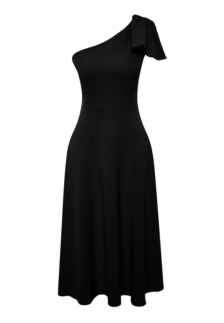 Black Bow One Sleeve Midi Woven Plus Size Dress Tbbss25Ah00054