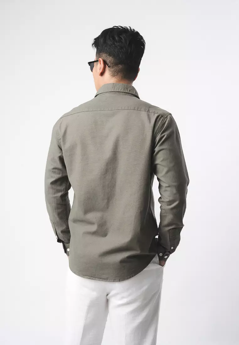 Linen Blend Slim Fit Shirt - Olive Green LS