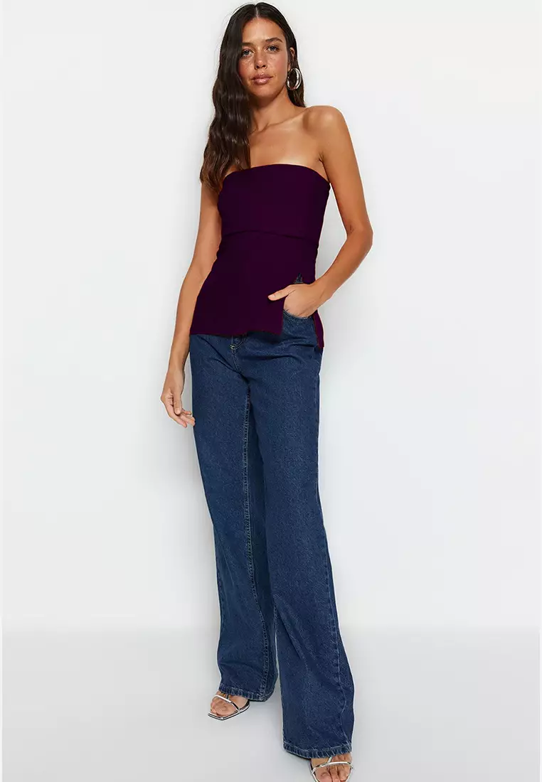 Plum Strapless Collar Side Zipper Crepe Knit Blouse