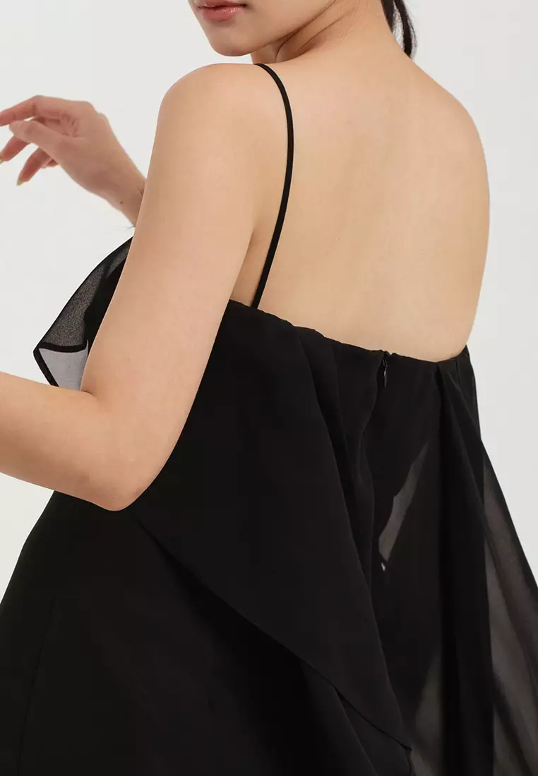 Waterfall Chiffon Midi Dress in Black