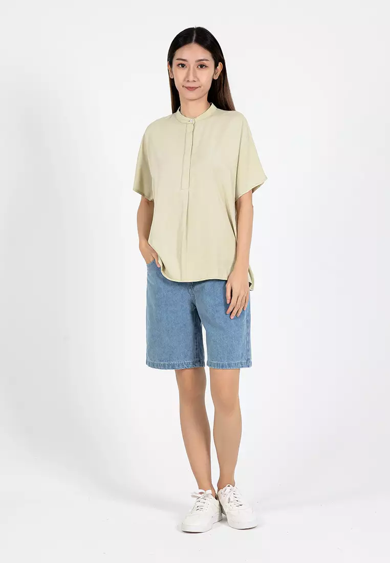 Forest Ladies Rayon Lyocell Band Collar Plain Blouse Women Short Sleeve Blouse - 822415-42LtGreen