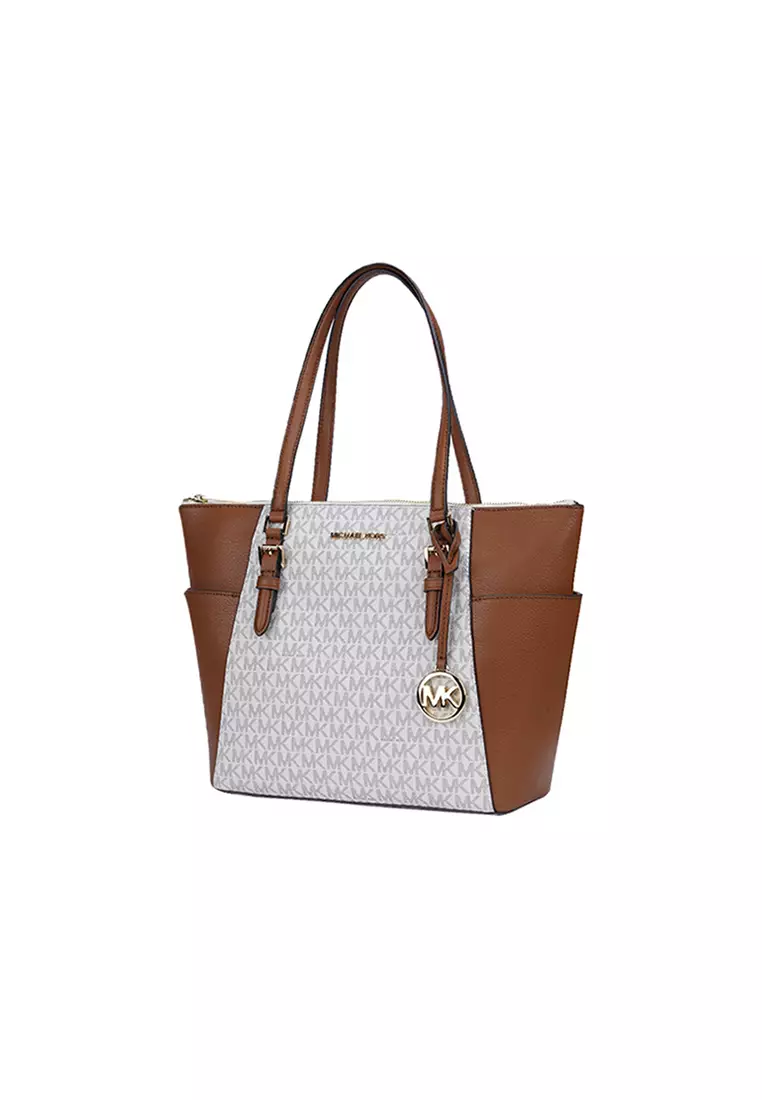 Charlotte Large Logo and Leather Top-Zip Tote Bag In Vanilla 35T0GCFT3B