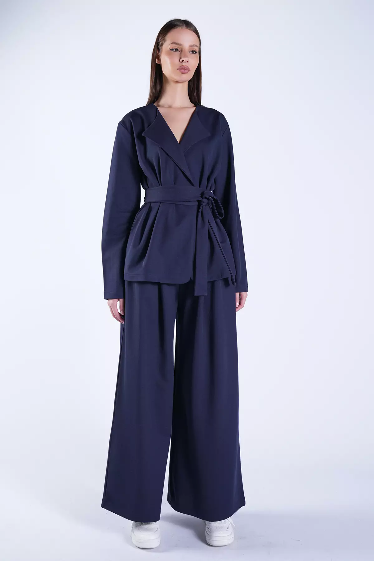 Women'S Navy Blue Self-Tie Belted Long Jacket And Double Pocket Trousers Set Alc-X15042