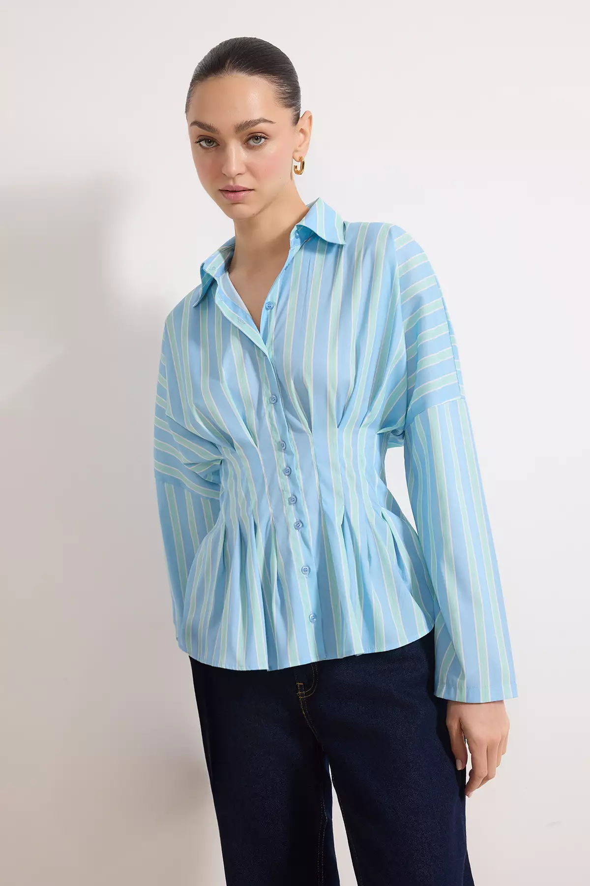 Blue-Multicolored Striped Lycra Fitted Shirt Twoaw26Go00113
