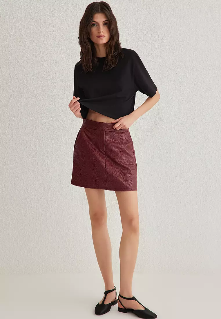 Dark Red Premium A Line Faux Leather Mini Skirt