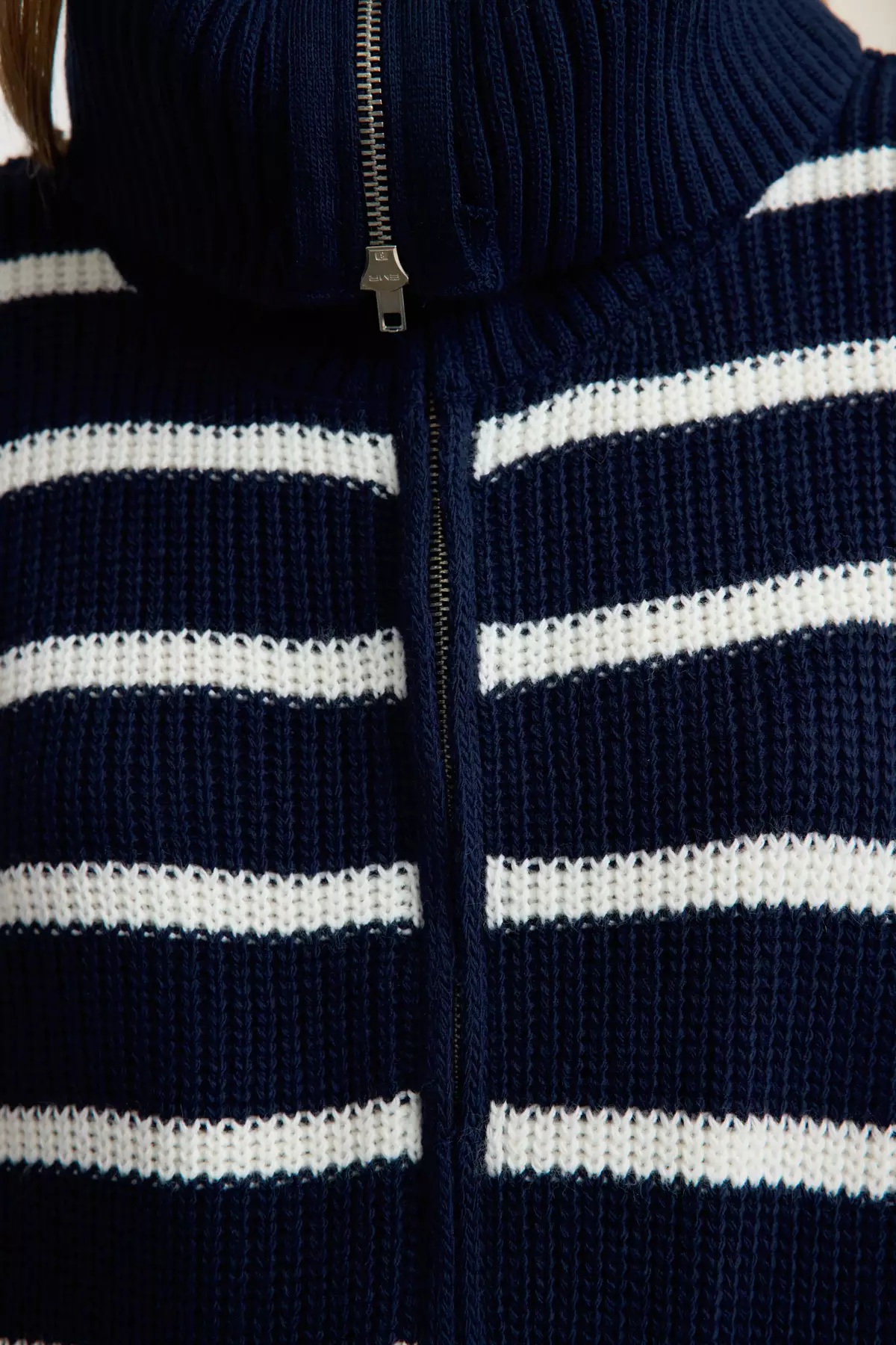 Navy Blue*001 Striped Wide Pattern Turn-Down Collar Zippered Knitwear Cardigan