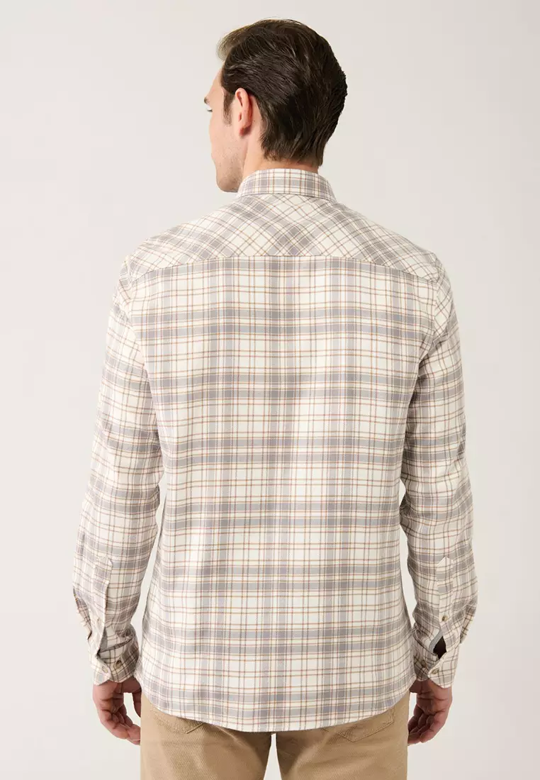 Men's Beige Button-Down Collar 100% Cotton Plaid Shirt A32Y2150