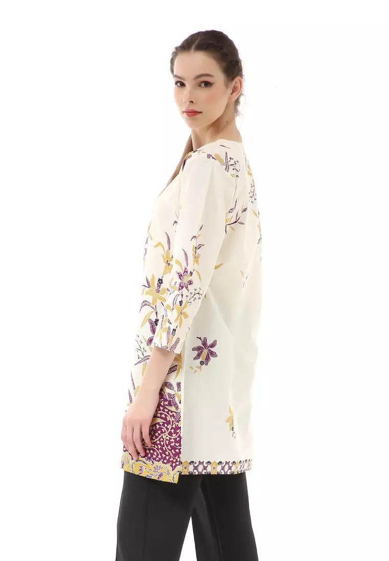 Olaf Atasan Batik Wanita Tunik Traditional Motive Simple Design Material Cotton ORIGINAL - White Brown