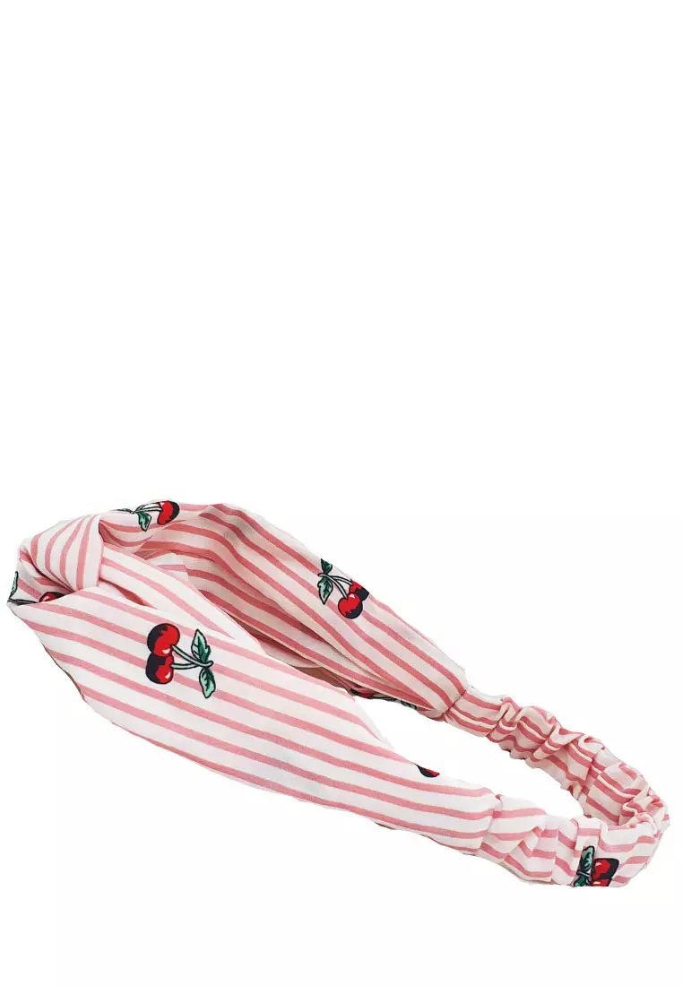 Twisted Headband Striped Cherries Pink
