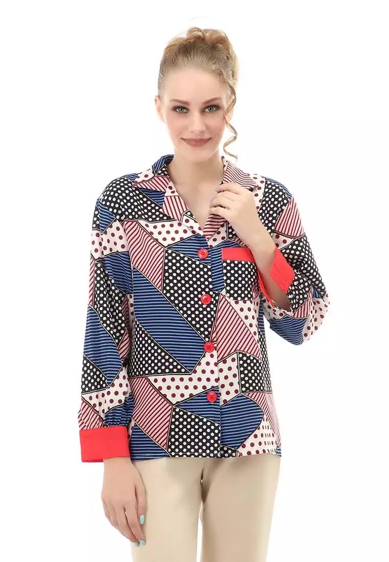 Holly Baju Atasan Kasual Wanita Kemeja Corak Lengan Panjang Material Twiscone ORIGINAL - Blue