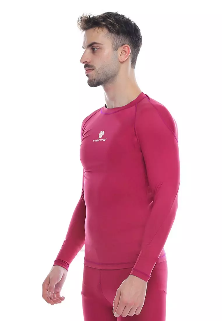 Tiento Man Baselayer Baju Ketat Manset Olahraga Pria Long Sleeve Pink Rashguard Sport Original