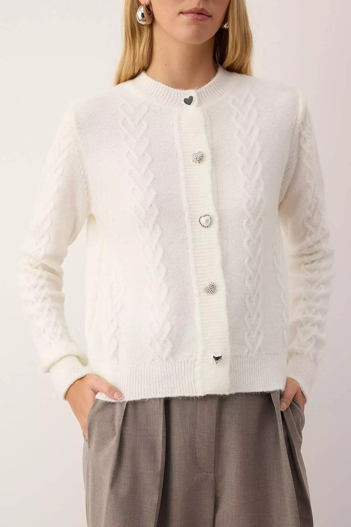 Ecru Knit Button Detailed Soft Textured Knitwear Cardigan