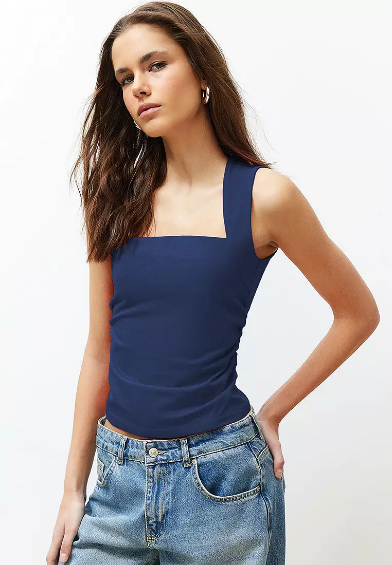Indigo Plain Square Neck Strappy Gathered Fitted Flexible Knitted Blouse