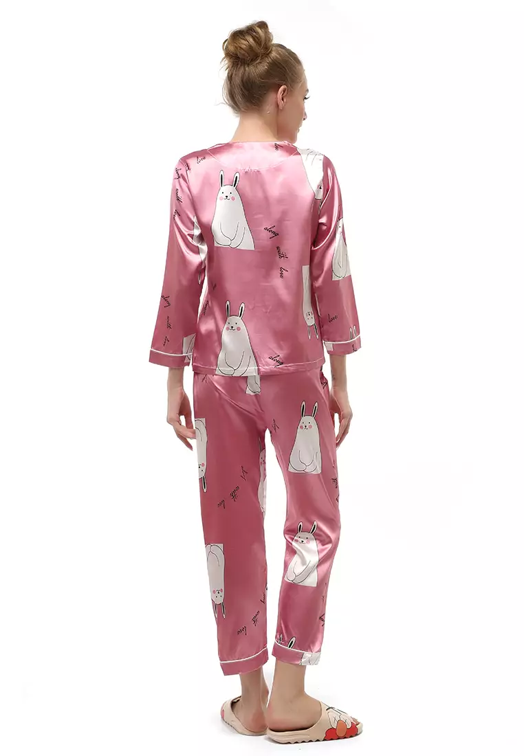 Vance Setelan Piyama Baju Tidur Wanita Buny Pig Lengan Panjang Material Satin ORIGINAL - Pink