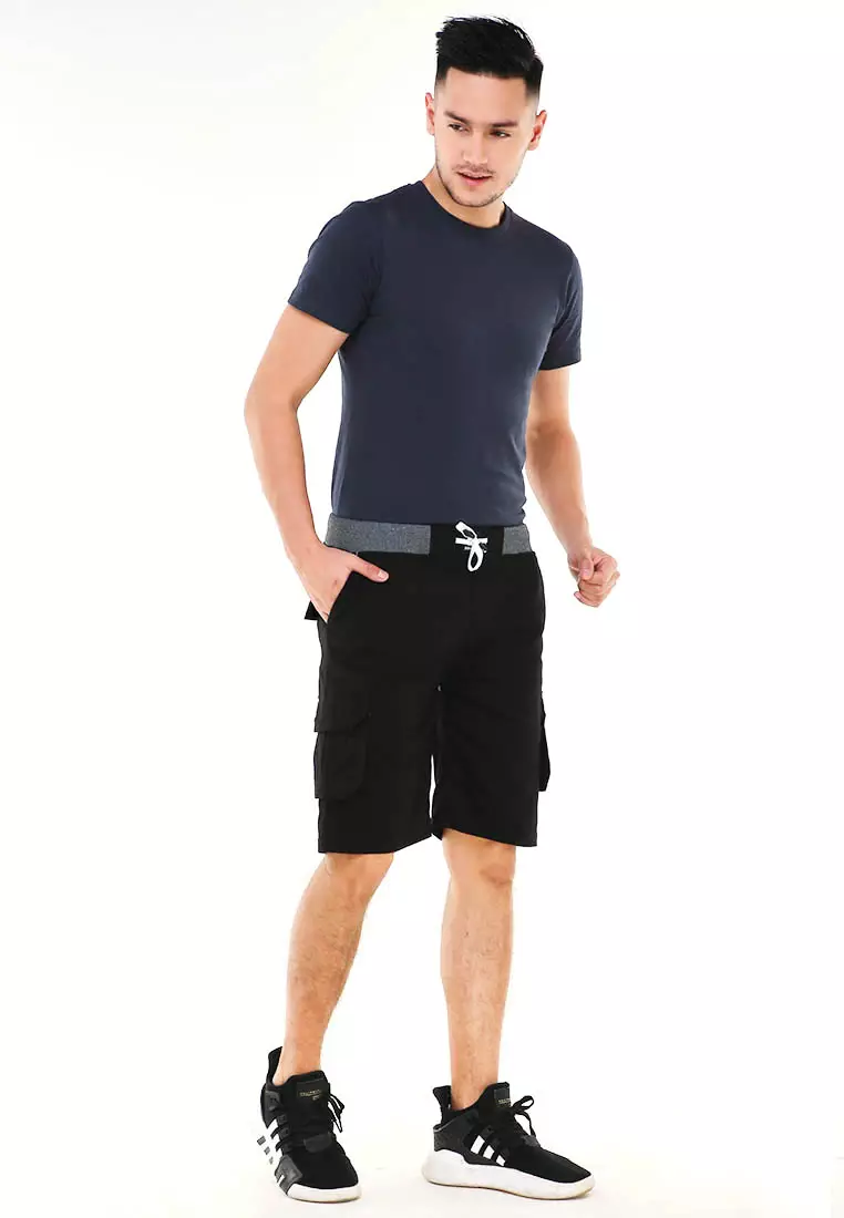 Rishham Celana Pendek Cargo Pria Button Pockets Sporty Short Pants Material Cotton ORIGINAL - Black