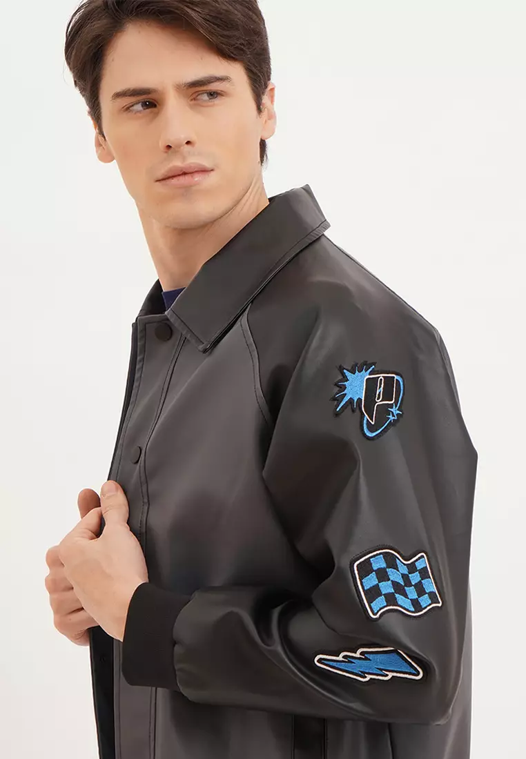 Faux leather sales varsity jacket