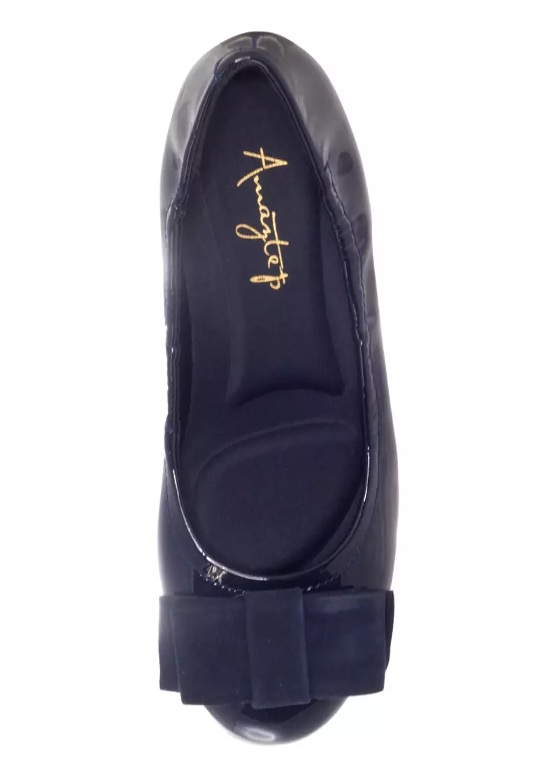 AMAZTEP Bow Patent Leather Mid heeled Ballet Pumps