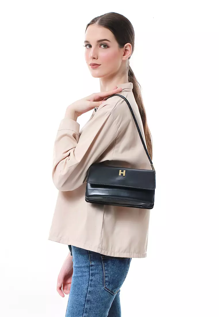 Eilaria Tas Selempang Wanita Shoulder Bag Desain Simple Material Leather ORIGINAL - Black
