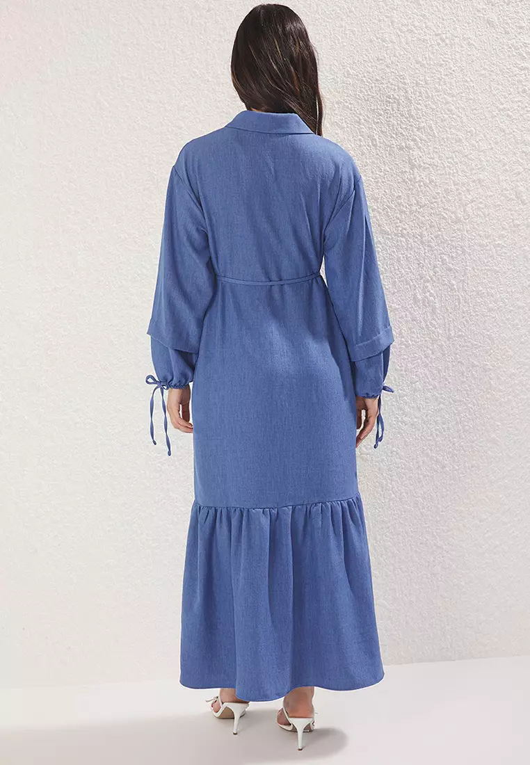 Indigo Lace Detailed Linen Look Woven Dress TCTSS25EB00111