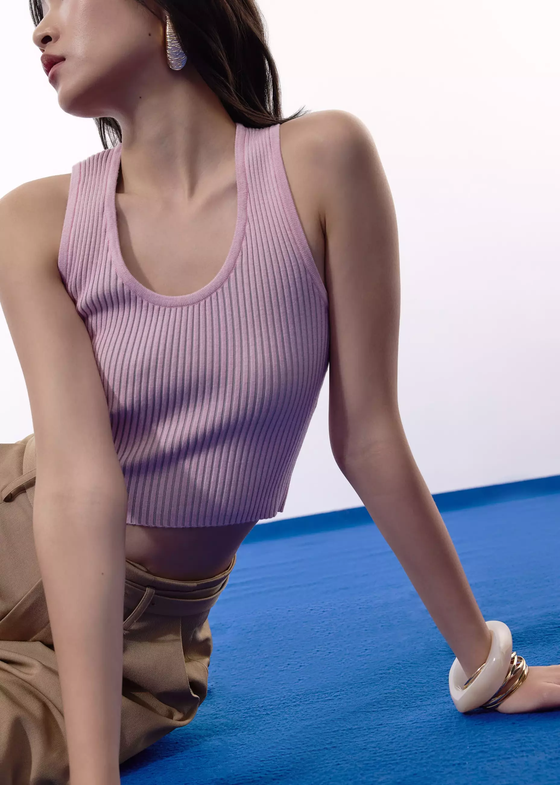 Atasan Wanita - Duo Knit Scoop Neck Crop Tank Top
