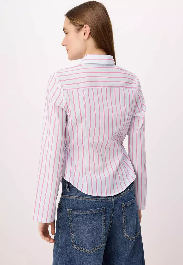 Pink-Blue Striped Waist Adjustable Lightweight Waist-Fitting Wide Sleeves Shirt Twoaw26Go13