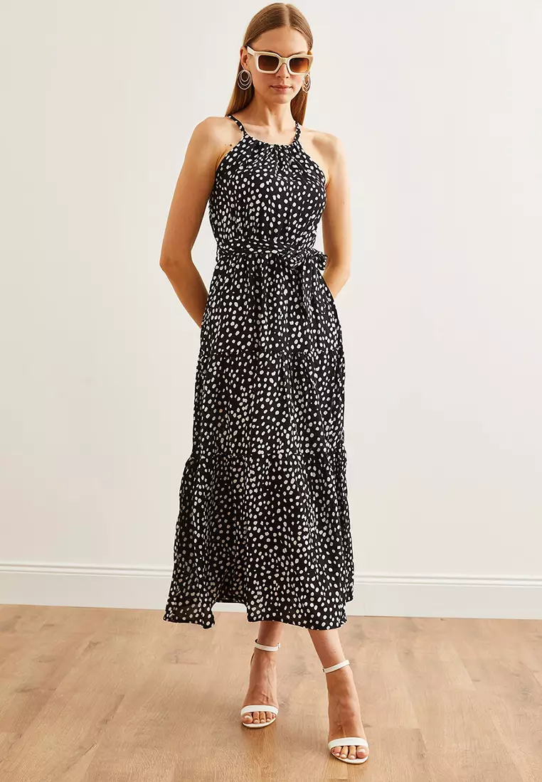 Halter Neck Belted Woven Viscose Dress