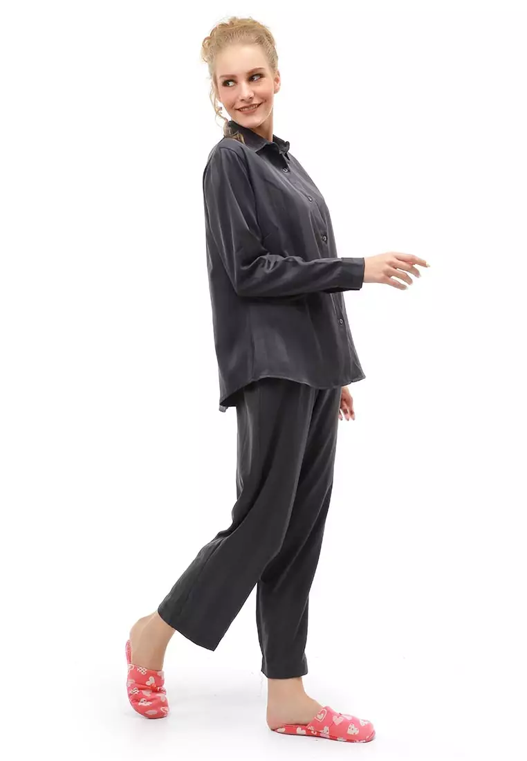 Vance Pajamas Salur Setelan Baju Tidur Wanita Lengan Panjang Material Cotton Silky ORIGINAL - Gray