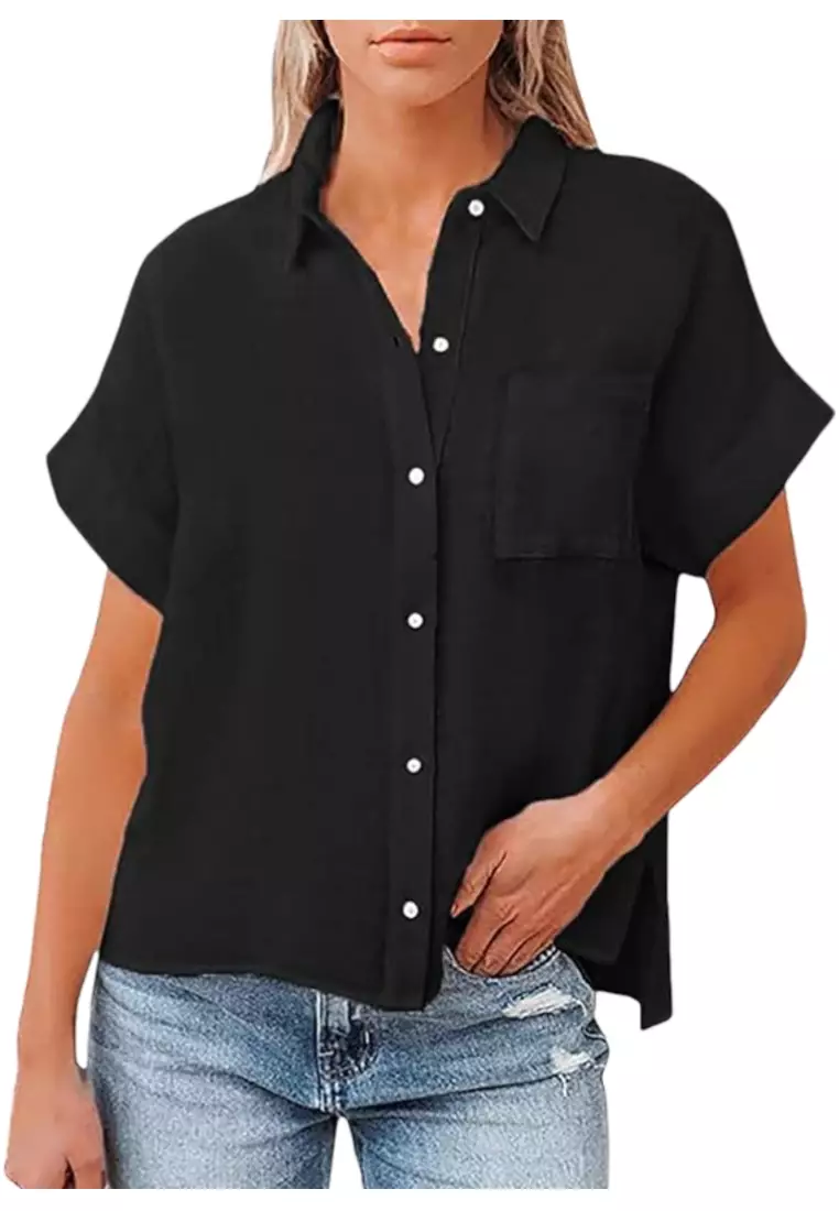 New Top Cotton And Linen Pocket Short-Sleeved Shirt