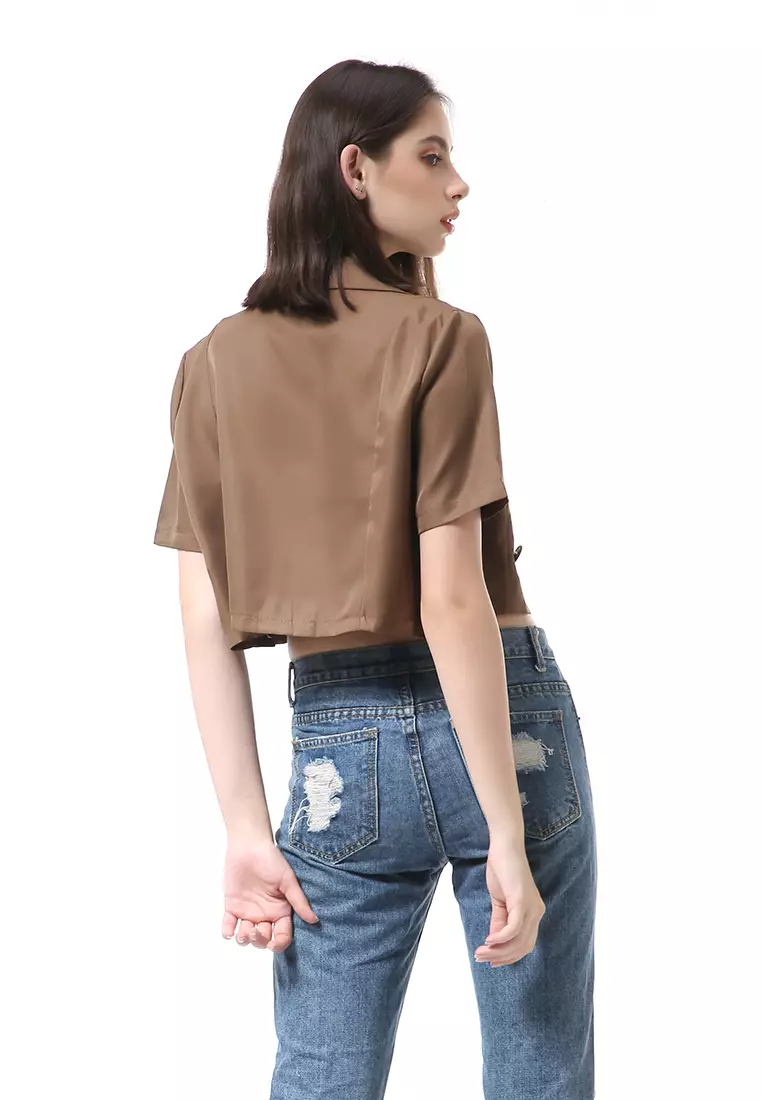 Myra Blazer Wanita Lengan Pendek Simple Design Motif Polos Material Cotton ORIGINAL - Brown