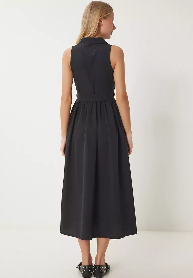 Women's Black Belted Poplin Midi Shirt Dress Ub00354